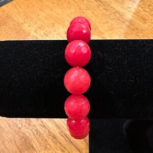 Chunky Red Glass Beaded Bracelet, with faceted beads. Stretchy, retro.